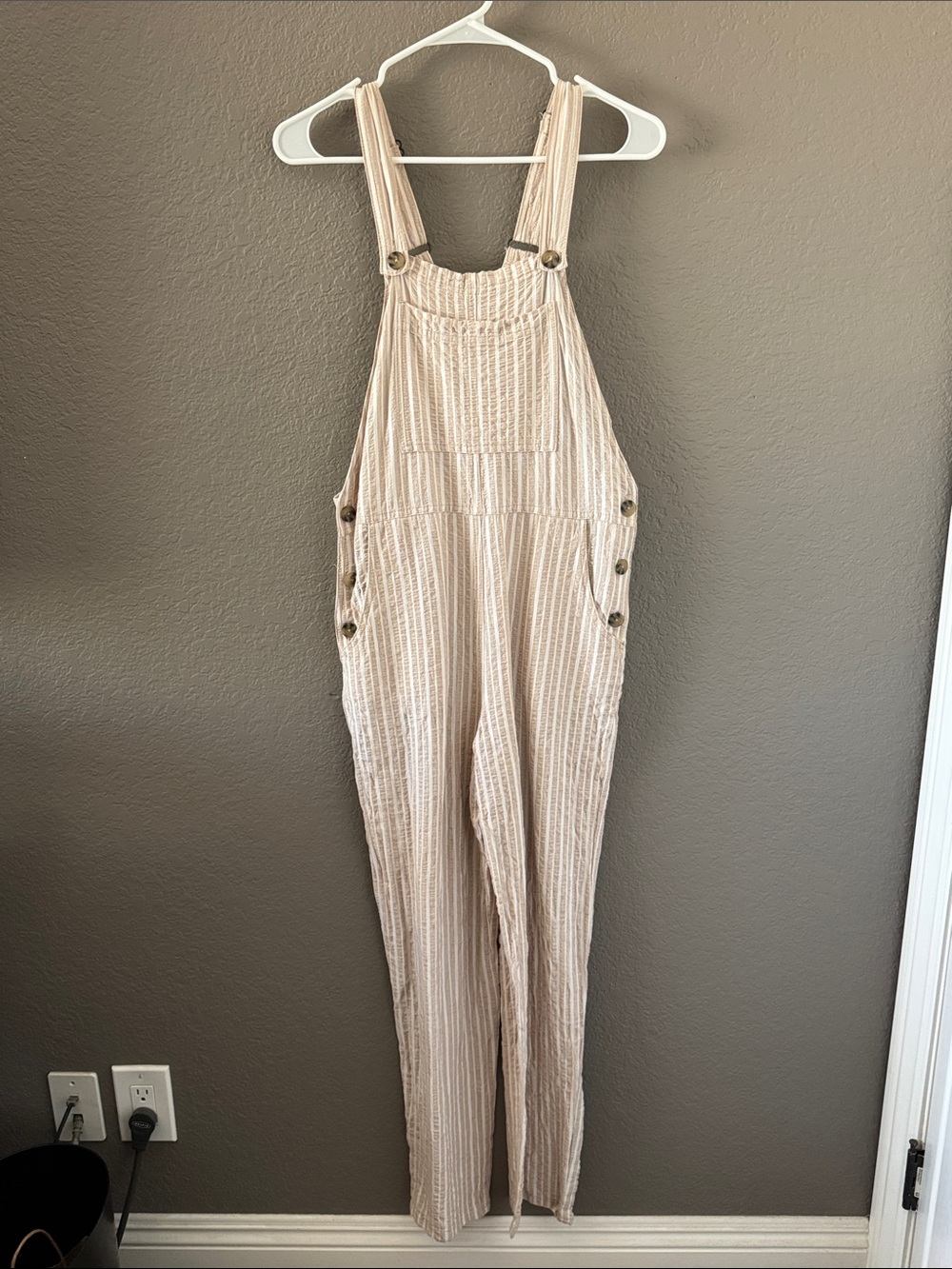 wild fable Beige Striped Cotton Overalls Jumpsuit